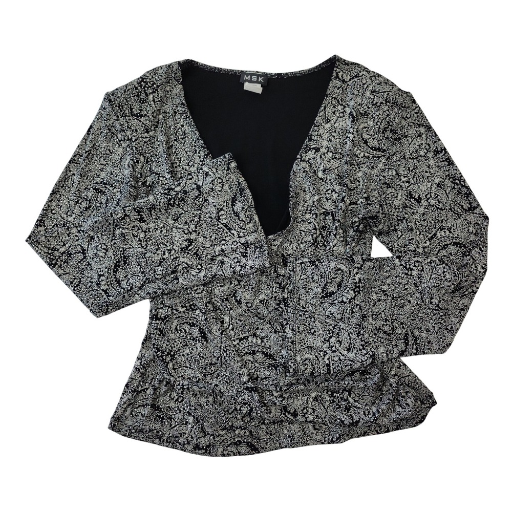 MSK Womens Large Silver Black Metallic Paisley Surplice V-Neck Wrap Top‎ Blouse